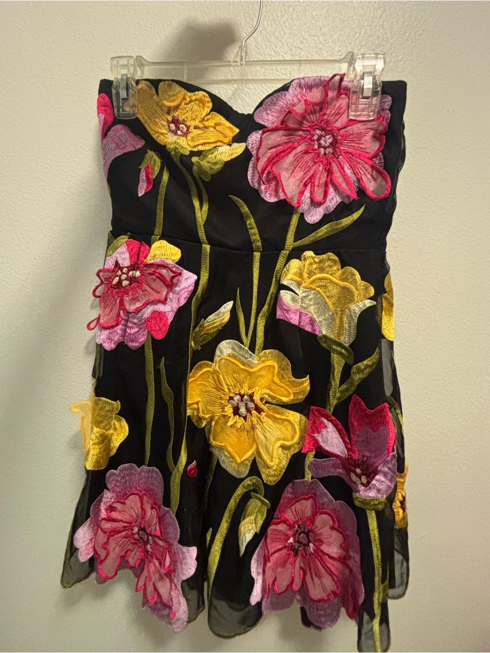 By Anthropologie Strapless Floral Organza Mini Dress - Black Motif